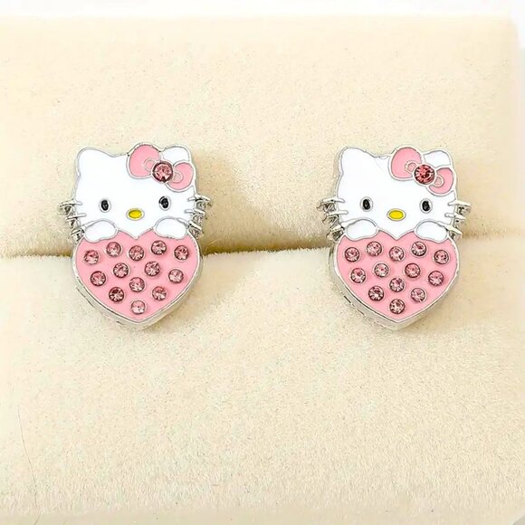 Earrings Hello Kitty Rhinestone Sanrio Heart Studs Silver Cute Emo Scene Trendy - Picture 2 of 4
